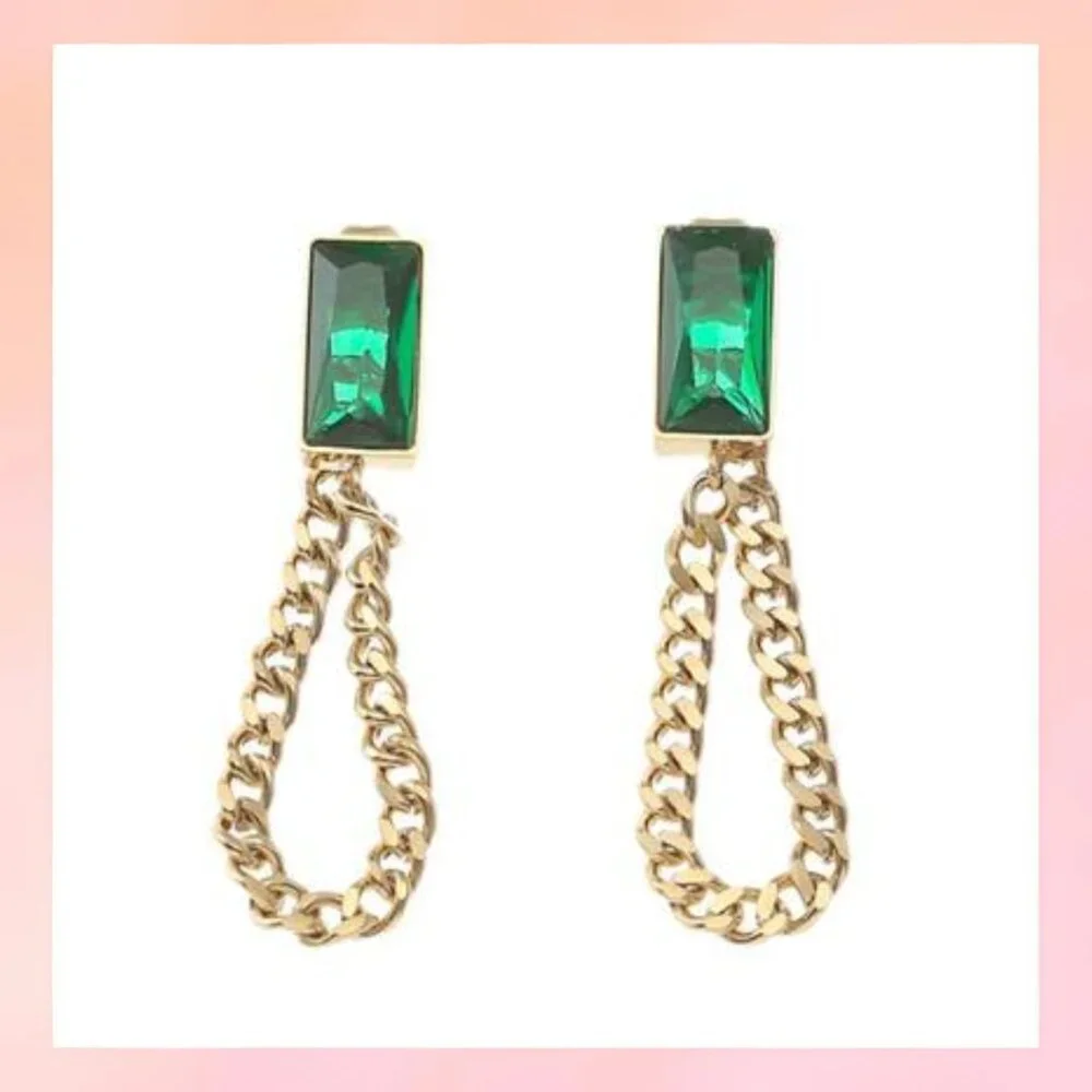 Emerald Green Stone Gold-Toned Chain Dangle Earrings - Picture 2 of 5